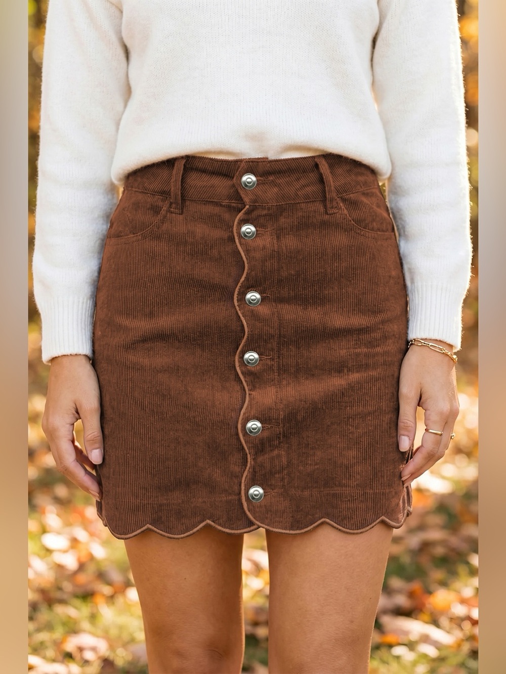 Button Front Corduroy Mini Pockets Sheath Silhouette Skirt